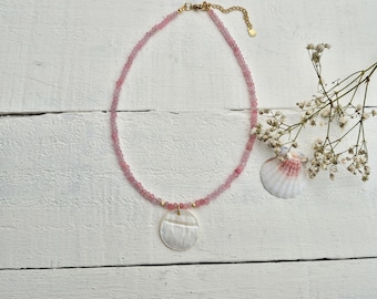 Shell Pendant Necklace Pink Malaysian Jade Faceted Beads - BOHOSEASON