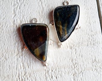 1 Pair Tigers Eye Gemstone Pendants Brown 925 Silver Plated - BOHOSEASON