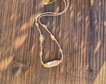 Dream Happy Cord Necklace 18k Gold Plated Beads Pink Green - BOHOSEASON