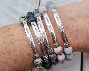 8mm Gemstone Beaded Bracelets Sterling Silver Beads choose Netstone Labradorite Grey Chalcedony Pink Zebra Dalmation Jasper - BOHOSEASON