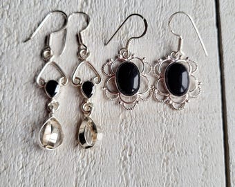 Black Onyx Gemstone Earrings Drops Pierced 925 SilverPlated - BOHOSEASON