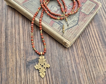 Red Jasper Firebrick Bead and Brass Necklace Coptic Cross Pendant Boho Jewellery - BOHOSEASON