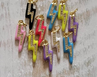 Enamel Lightning Bolt Pendant 19mm Various Colours Micro Pave Czs Jewellery Findings Charms - Bohoseason
