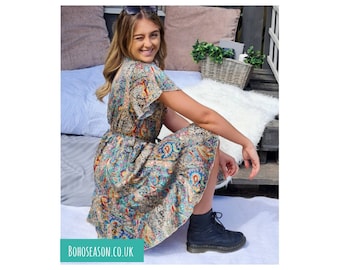 Paisley Print Satin Boho Festival Dress Multicolored - Bohoseason