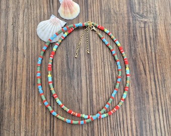 Stripes Heishi Necklace Blues Green Red 18k Gold Plated Boho Jewellery - BOHOSEASON