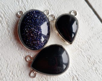 Gemstone Pendant Onyx Goldstone Oval Teardrop Shape Black Blue 2 Holes - BOHOSEASON