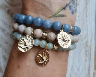 Gemstone Beaded Bracelets Blue Jade Sea Green Jade Medicinal Beads 18k Gold Plated Bird Charm and Bead - BOHOSEASON