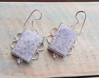 Grey Jasper Gemstone Earrings Drops Pierced 925 Silver Plated - BOHOSEASON