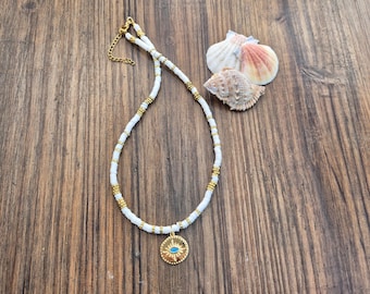 Heishi Evil Eye Necklace White 18k Gold Plated Pendant Boho Jewellery - BOHOSEASON