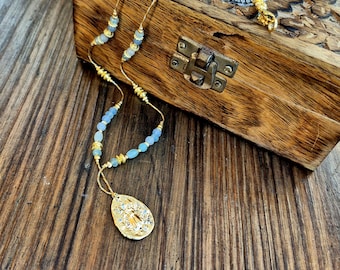 Scarab Beetle Pendant Necklace Cord 18k Gold Plated Aqua Jade Beads - BOHOSEASON