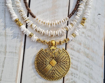White Gold Beaded Shell Boho Necklace Coconut Beads  - BOHOSEASON
