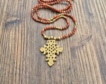 Red Jasper and Brass Beads Boho Necklace Coptic Cross Pendant - BOHOSEASON