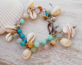 BOHO Bracelet/Necklace 2 in 1 Aquamarine, Turquoise, Rose Quartz, Silver and Cowrie Shell Wooden Beads by - BOHOSEASON