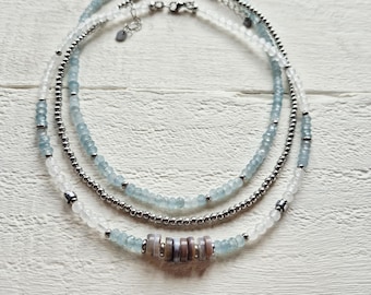 Malaysian Jade Beaded Necklace Shells Stainless Steel Aqua White - BOHOSEASON