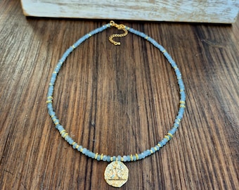 Aqua Gemstone Moon Pendant Necklace 18k Gold Plated Malaysian Jade- BOHOSEASON