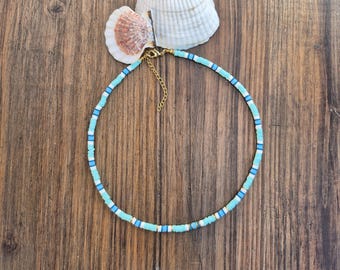 Heishi Necklace Turquoise White Blue Stripes 18k Gold Plated Boho Jewellery - BOHOSEASON