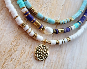 Navy White Lt Blue Gold Heishi Beads Pearl Pendant Necklace 18k Gold Plated Boho Jewellery - BOHOSEASON