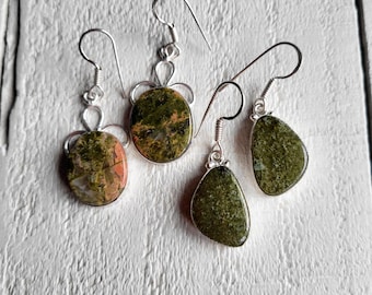 Gemstone Earrings Jade or Unakite Green Drops Pierced 925 Silver Plated Choose - BOHOSEASON