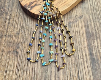 Boho Gemstone Brass Beads Necklace 70cm Various Colours Choose Tigers Eye Amethyst Lapis Lazuli Turquoise - BOHOSEASON