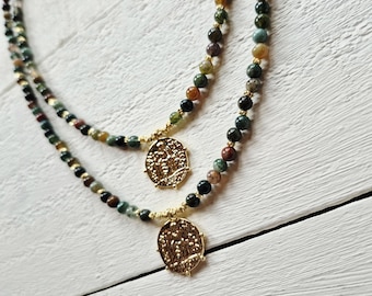 Indian Agate Necklace 4mm 18k Gold Plated Coin Pendant and Beads - BOHOSEASON
