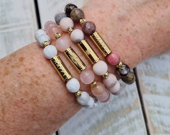 8mm Gemstone Beaded Bracelets 18K Gold Plated Beads choose from Howlite Rose Quartz Rhodonite Pink Zebra Jasper - BOHOSEASON
