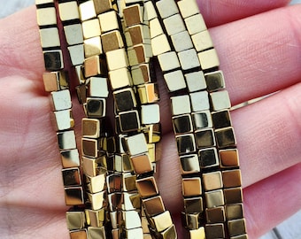 3.5mm Gold Plated Hematite Cube Beads 16" Strand Jewellery Making Crafts Findings - BOHOSEASON