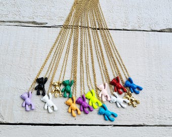 Teddy Bear Pendant Necklace 18k Gold Plated 20" choose colour Black White Blues Pink Gold Purple Green - BOHOSEASON
