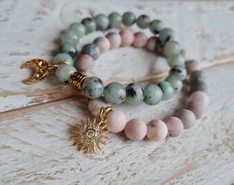 Gemstone Bracelets Kiwi Stone and Pink Zebra Jasper Golden Pave Sun Charm  - BOHOSEASON