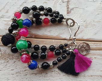 3 Row Bracelet 6mm-12mm of Black Agate Pink Green Blue Gemstone Beads Tassels, Om Charm - BOHOSEASON