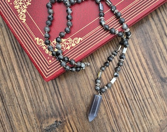 Labradorite Gemstone Beaded Necklace Grey Agate Pendant and Glass Beads Grey Silver - BOHOSEASON