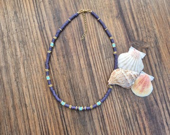 Heishi Necklace Navy Blue 18k Gold Plated Jewellery - BOHOSEASON