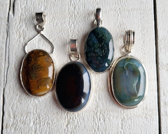 Gemstone Pendants Micca Quartz Tigers Eye Moss Agate Oval Shape Brown Black  choose  - BOHOSEASON