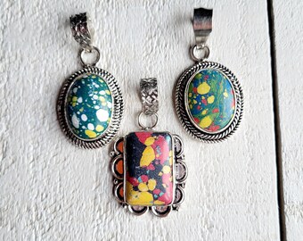 Mosaic Jasper Pendants Gemstone Green Yellow Red 925 Silver Plated Choose- BOHOSEASON