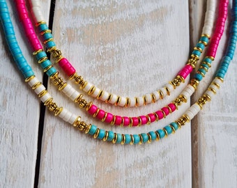 Turquoise Pink Cream Heishi Beads Boho Necklace Golden Spacers - BOHOSEASON