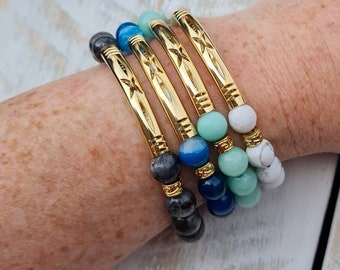 8mm Gemstone Beaded Bracelets 18K Gold Plated Beads choose from Labradorite Amazonite Blue Striped Agate White Howlite - BOHOSEASON