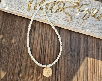 White Coin Pendant Necklace Beaded 18k Gold Plated - BOHOSEASON