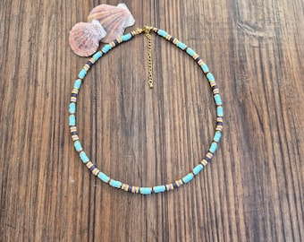 Striped Heishi Necklace Turquoise Navy 18k Gold Plated Boho Jewellery - BOHOSEASON