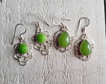 Earrings Agate or Chalcedony Gemstone Drops Green 925 Silver Plated Pierced - BOHOSEASON