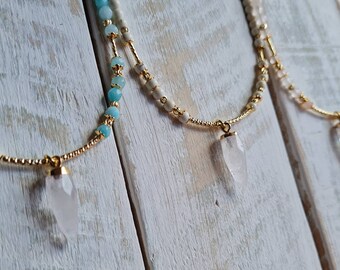 Gemstone Necklace 18k Gold Plated Beads Crystal Pendant choose Jade Howlite Agate 16" - BOHOSEASON