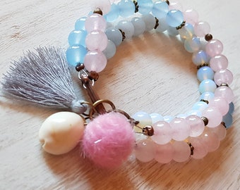 BOHO Bracelet 3 Rows 8mm Pink Rose Quartz, Blue Jade, Opalite & Grey Chalcedony Gemstones Hook fasten Pompoms Shell Tassels by - BOHOSEASON