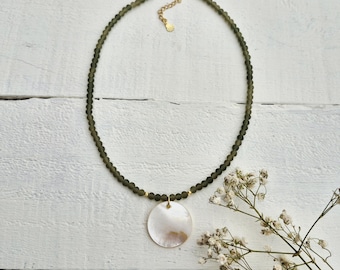 Shell Pendant Necklace Green Jade Seaglass Beads - BOHOSEASON