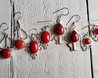 Gemstone Earrings Red Coral Onyx Carnelian Drops Pierced 925 Silver Plated- BOHOSEASON