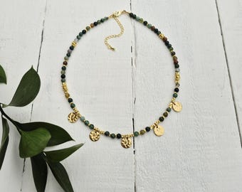 Indian Agate Coin Charm Boho Necklace 18k Gold Plated Beads  - BOHOSEASON