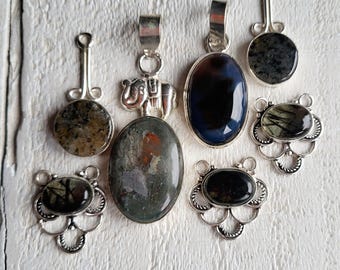 Gemstone Pendants Agate Quartz Bloodstone Black Grey choose- BOHOSEASON