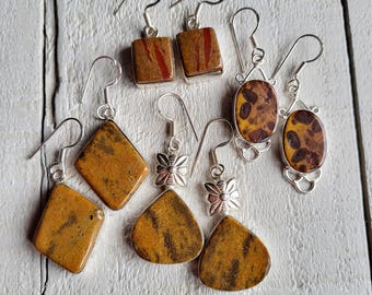 Jasper Gemstone Earrings Browns Drops Pierced - BOHOSEASON