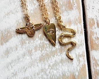 18k Gold Plated Necklace 18" Beetle Heart Snake - BOHOSEASON