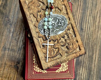 Amazonite and Picasso Jasper Gemstone Beaded Boho Necklace Cross Pendant Stainless Steel Blue Brown Silver Men Women Unisex - BOHOSEASON