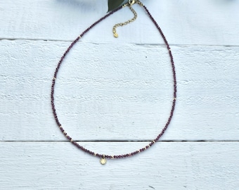 Garnet Beaded Necklace 18k Gold Plated Delicate 2mm Beads -  BOHOSEASON