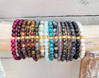 Gemstone Bracelets 6mm 18k Gold Plated Focal Bead Choose From Many - BOHOSEASON
