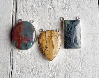 Large Gemstone Pendants Jasper Bertrandite Brown Grey 2 Holes 925 Silver Plated Jewellery Findings - Bohoseason
